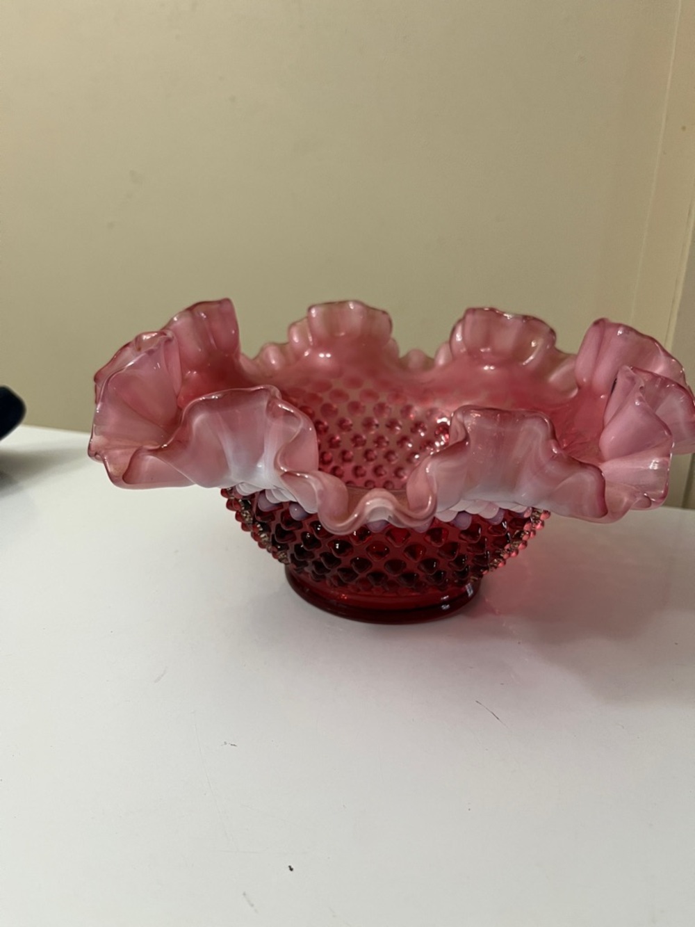 Vintage Fenton Glass Hobnail Crimped Ruffled Bowl Plum Opalescent